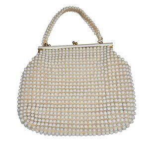 Vintage 60s White Beaded Handbag Purse Pocketbook Mod Gold-Tone Kiss Lock